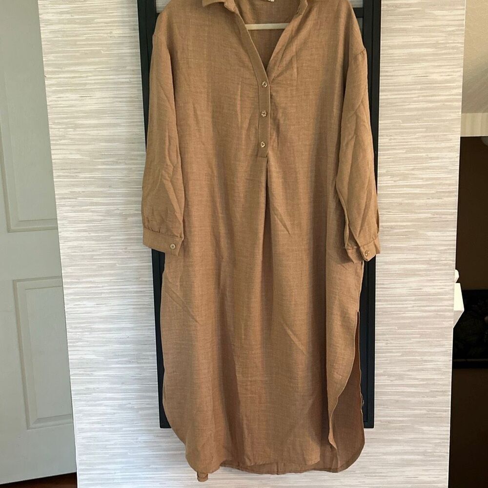 SMF tan made in Italy classic dress with slits long sleeve button-down front siz